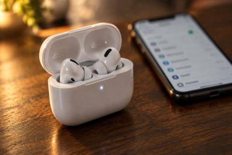Boîtier d’écouteurs sans fil ouvert posé sur une table, voyant lumineux allumé, smartphone affichant un menu Bluetooth à côté