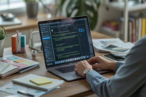 Photographie réaliste d'un bureau moderne avec un professionnel utilisant un ordinateur pour interagir avec une interface d'IA conversationnelle, symbolisant la productivité et l'innovation
