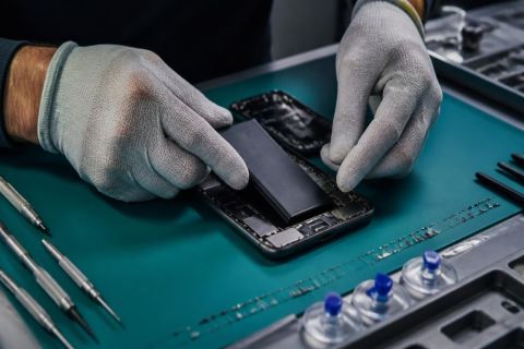 Technicien en gants remplaçant la batterie d’un iPhone ouvert sur un plan de travail d’atelier, outils de précision et tournevis posés à côté