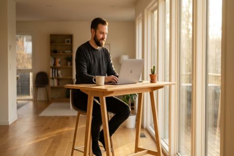 Entrepreneur indépendant concentré travaillant seul dans un bureau minimaliste baigné de lumière naturelle matinale