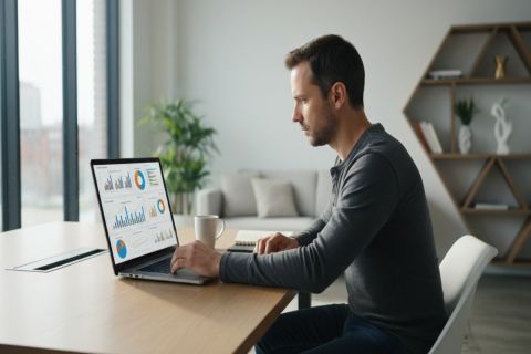 Équipe startup en réunion autour d’un ordinateur analysant des données business