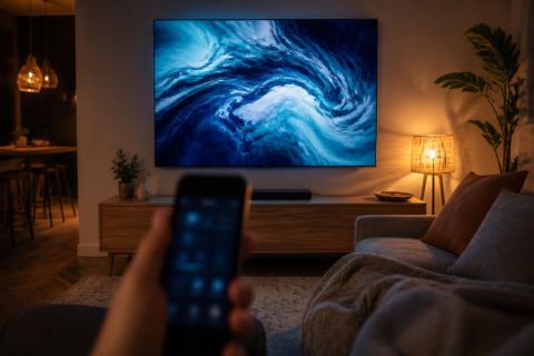 Téléviseur affichant le contenu diffusé depuis un iPhone tenu au premier plan dans un salon, illustration de la recopie d’écran sans fil