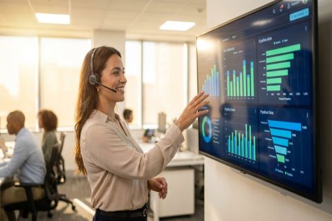 Commercial souriant avec casque audio devant un tableau de bord CRM affichant des métriques de vente en temps réel