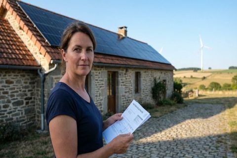 Femme souriante tenant une facture d'électricité devant sa maison équipée de panneaux solaires dans la campagne française