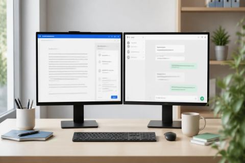 Deux écrans côte à côte sur un bureau, l’un affichant un document bureautique avec un panneau d’assistance IA, l’autre une interface de conversation, comparaison de deux assistants
