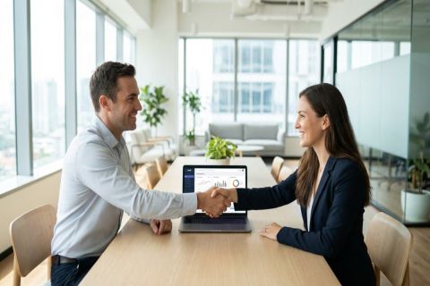 Deux professionnels se serrant la main autour d'un ordinateur portable affichant un tableau de bord SaaS dans une salle de réunion moderne