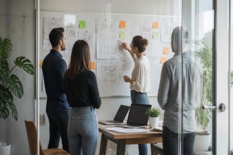 Réunion de travail autour d’une table avec un tableau blanc couvert de schémas d’architecture technique, quatre personnes en discussion