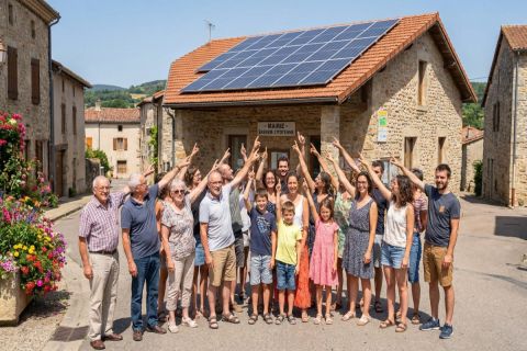 Groupe de voisins souriants réunis dans un village français pointant vers des panneaux solaires communautaires sur un toit