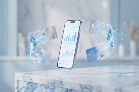 Smartphone affichant une application fintech moderne avec graphiques de transactions colorés sur surface marbre épurée