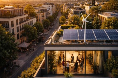 Vue aérienne d'un quartier urbain français alliant panneaux solaires et bureaux de startups greentech au coucher du soleil