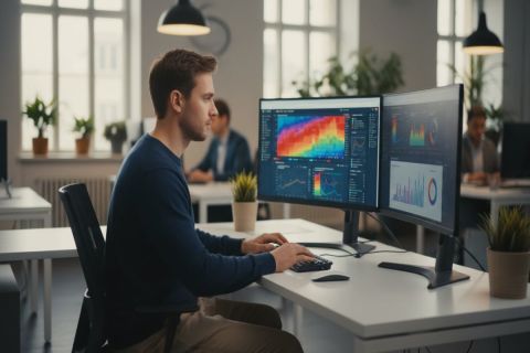 Écran d'ordinateur affichant une heatmap de site web avec des zones rouges concentrées au centre et des zones bleues sur les bords, dans un bureau minimaliste