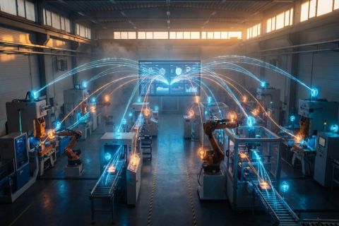 Atelier industriel futuriste avec capteurs IoT lumineux et flux de données connectant les machines à un écran de contrôle