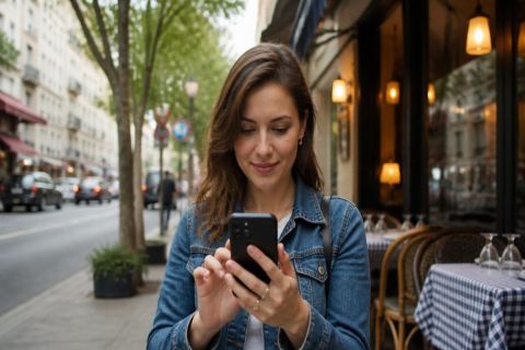 Utilisateur Google Maps en train de laisser un avis sur son smartphone en extérieur