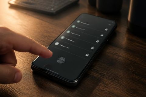 Écran de smartphone Android affichant une liste de mots de passe masqués par des points, avec une icône de cadenas et une empreinte digitale, sur un bureau sombre