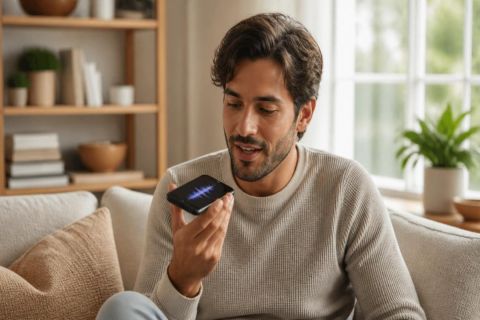 Personne souriante utilisant la commande vocale de son Assistant Google sur smartphone dans un salon lumineux