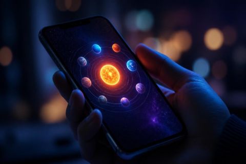 Système solaire stylisé sur un écran de smartphone, huit planètes colorées gravitant autour d’un soleil, illustration du classement des amis proches sur Snapchat