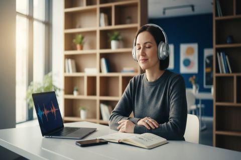 Un professionnel concentré écoute un podcast tech avec un casque audio  dans un bureau moderne lumineux, ordinateur ouvert devant lui