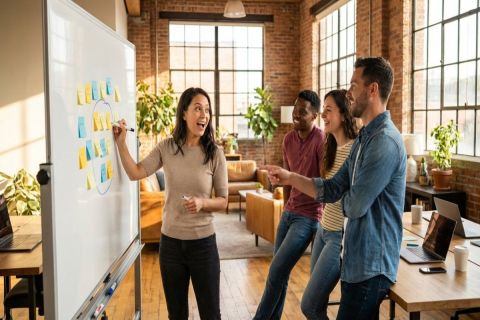 Équipe startup autour d'un tableau blanc couvert de post-its, un membre encerclant un concept clé avec un marqueur