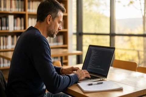 Adulte en reconversion travaillant sur un ordinateur portable avec un cahier de notes et des lignes de code affichées à l’écran, dans un espace de formation