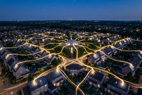 Vue aérienne nocturne d'un quartier résidentiel avec réseau lumineux d'échange d'énergie solaire entre maisons connectées