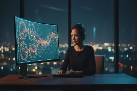 Professionnelle marketing analysant une carte d'audience concurrentielle sur grand écran avec visualisation de données colorées