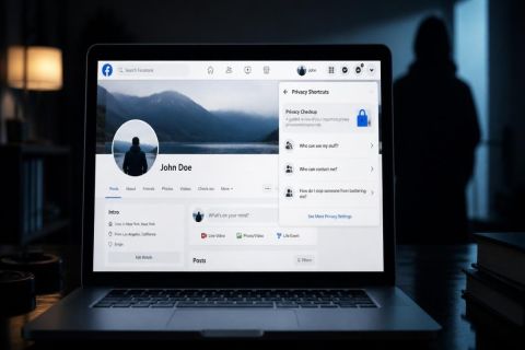 Interface Facebook sur ordinateur avec icône de confidentialité et paramètres de vie privée