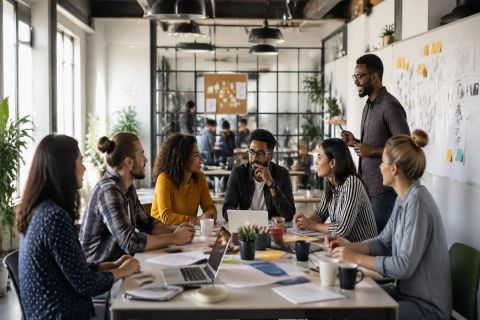 Équipe de startup en réunion dans un espace de coworking moderne et lumineux
