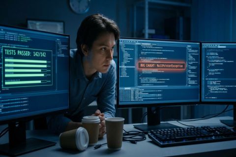 Développeur concentré devant plusieurs écrans dont un affiche des tests logiciels réussis en vert dans un bureau sombre