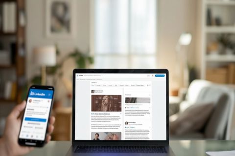 Personne utilisant LinkedIn sur ordinateur portable pour mettre du texte en gras dans un post professionnel